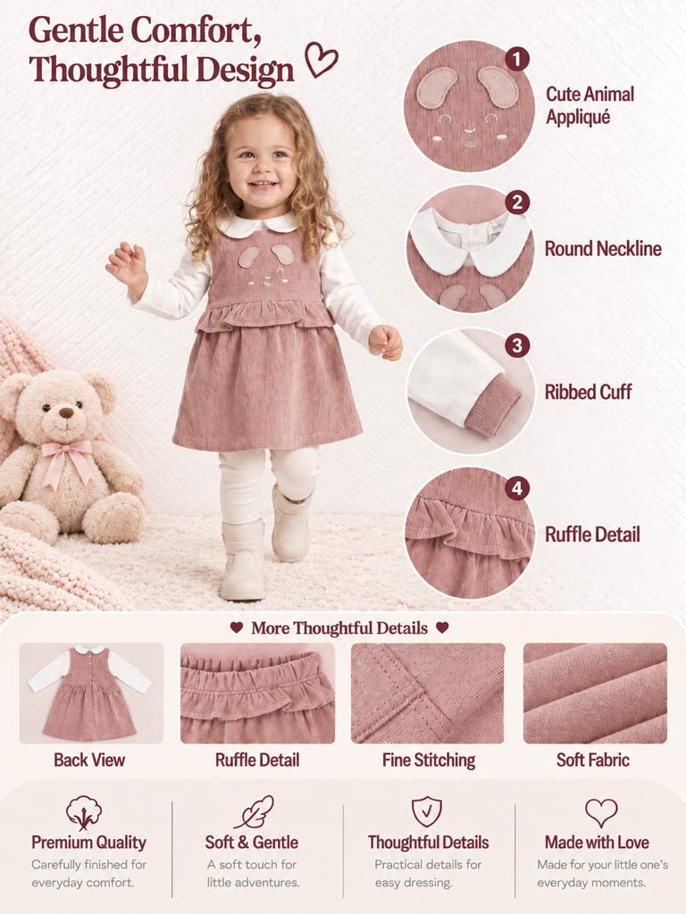 Baby Girl Siena Collection 2-Piece Dress Set with Cute Ears - Dusty Pink