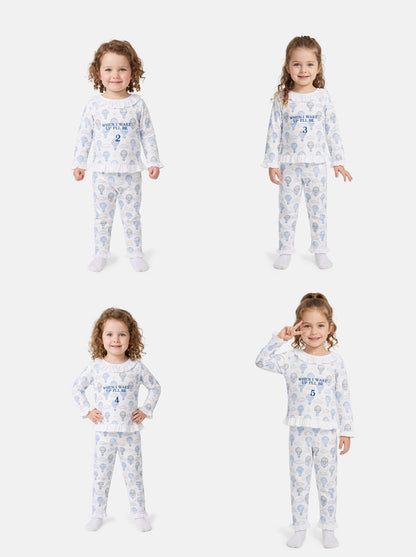 "When I Wake Up" Embroidered Girl 2-Piece Pyjama Set - Hot Air Balloon Collection - Baby Blue