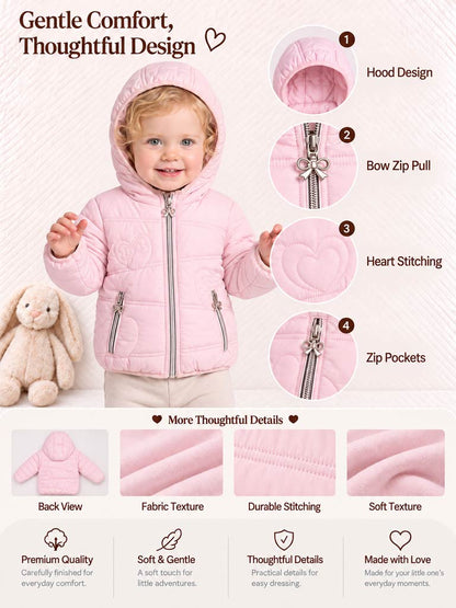 Baby Girl Padded Hooded Coat with Heart Pattern - Baby Pink