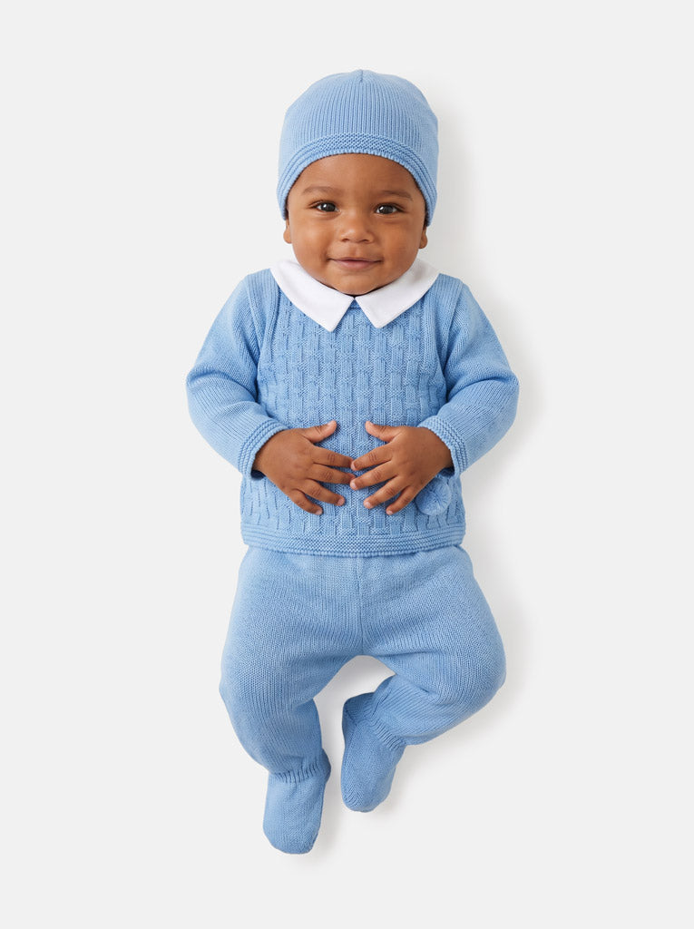 Baby Boy Traditional Pom Pom 3-piece Knitted Gift Box Set - Light Blue