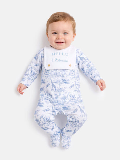 "Hello 1,3,6,12 Months" Embroidered Baby Grow with Attached Small Bib - Safari Collection - Baby Blue