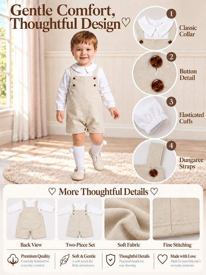 Baby Boy Alejandro Collection Two-Piece Shirt and Short Dungaree Set - Beige