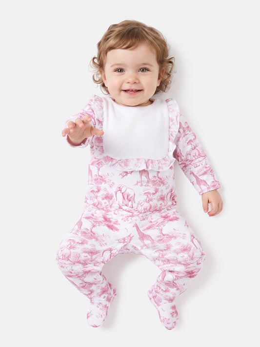Cotton Baby Grow for Girls with Frilly Bib - Safari Collection - Baby Pink