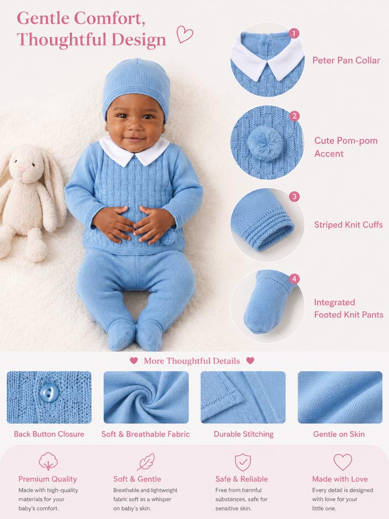 Baby Boy Traditional Pom Pom 3-piece Knitted Gift Box Set - Light Blue