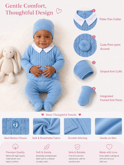 Baby Boy Traditional Pom Pom 3-piece Knitted Gift Box Set - Light Blue