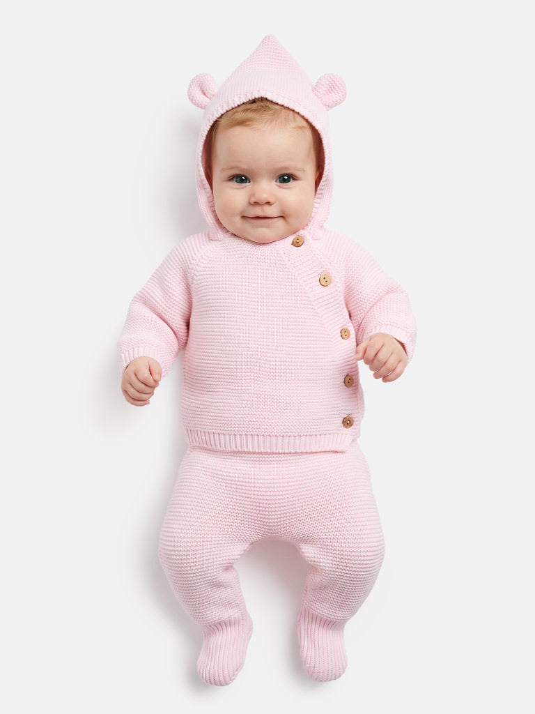 Baby 2-Piece Knitted Set with Hooded Top & Footed Trousers - Baby Pink