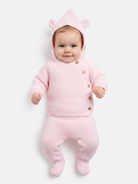 Baby 2-Piece Knitted Set with Hooded Top & Footed Trousers - Baby Pink