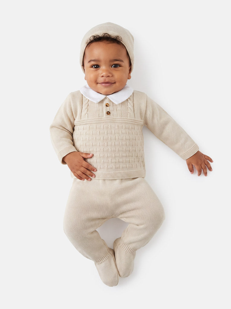 Baby Boy Collared Neck & Button Detail 3-Piece Knitted Gift Box Set - Beige