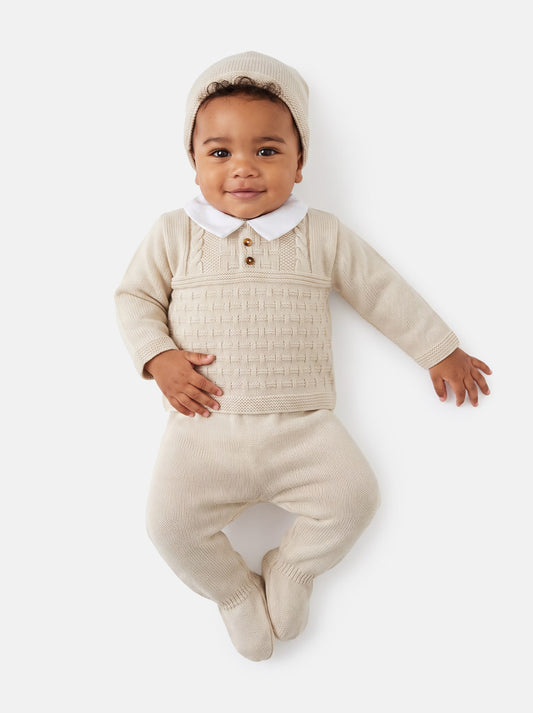 Baby Boy Collared Neck & Button Detail 3-Piece Knitted Gift Box Set - Beige