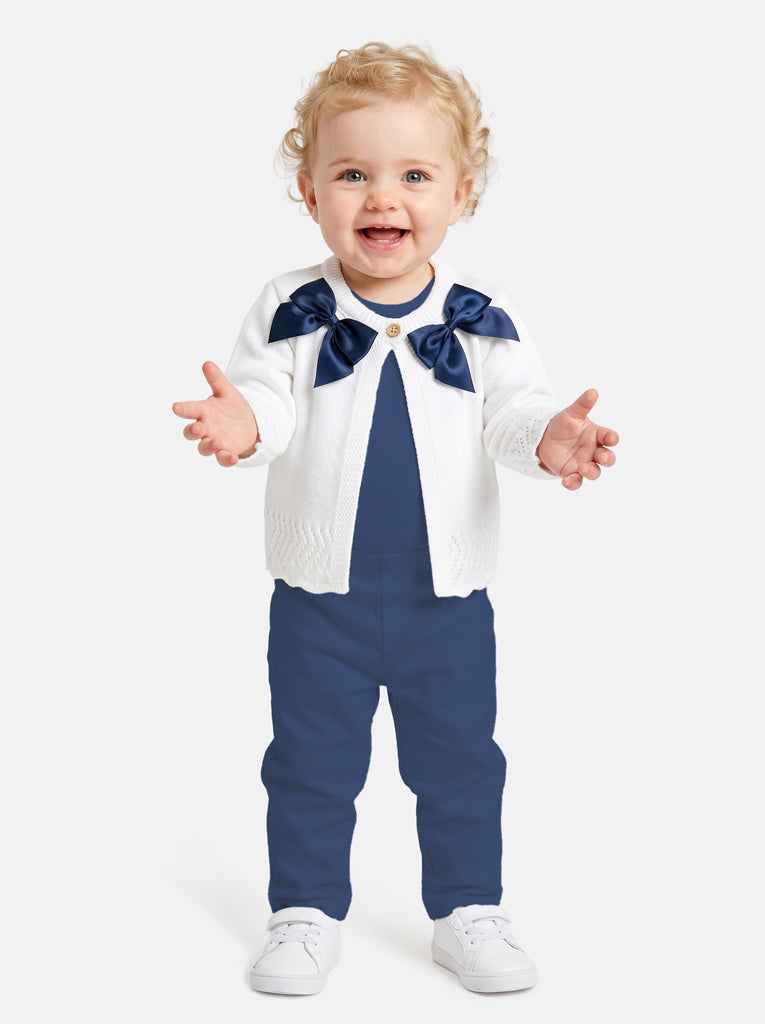 Baby Girl Cardigan with 2 Big Bows - White & Navy