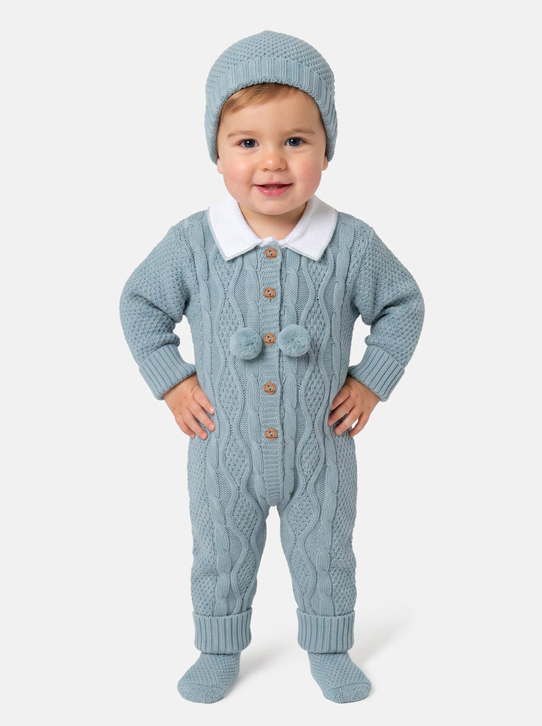 Baby Boy Gabriel Collection All-In-One Knitted 3-Piece Set with Pom-Poms - Mint Green