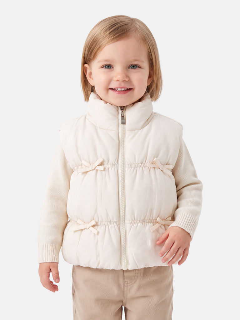 Baby Girl Padded Gilet - Bow Detail Vest - Light Ivory