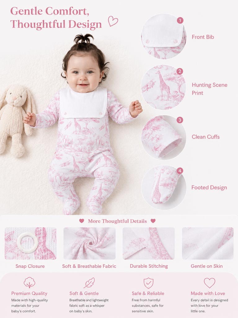Baby Grow with Attached Bib - Safari Collection - Baby Pink
