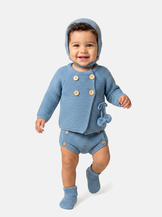 Baby Boy Knitted 4-Piece Set with Pom-Pom Cardigan - Blue