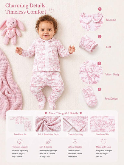 Baby Long-Sleeve 2-Piece Pyjama Set with Lace Detail - Safari Collection - Baby Pink