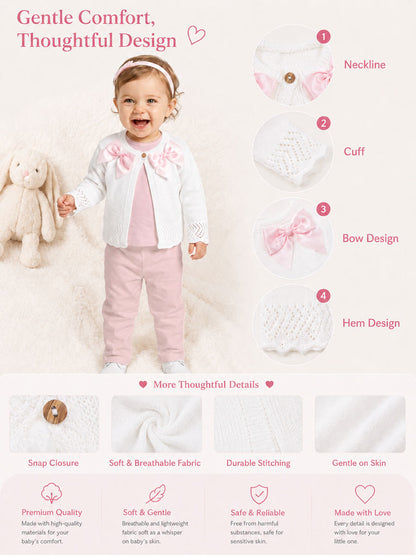 Baby Girl Cardigan with 2 Big Bows - White & Baby Pink
