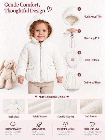 Baby Girl Padded Hooded Coat with Hearts Applique - White