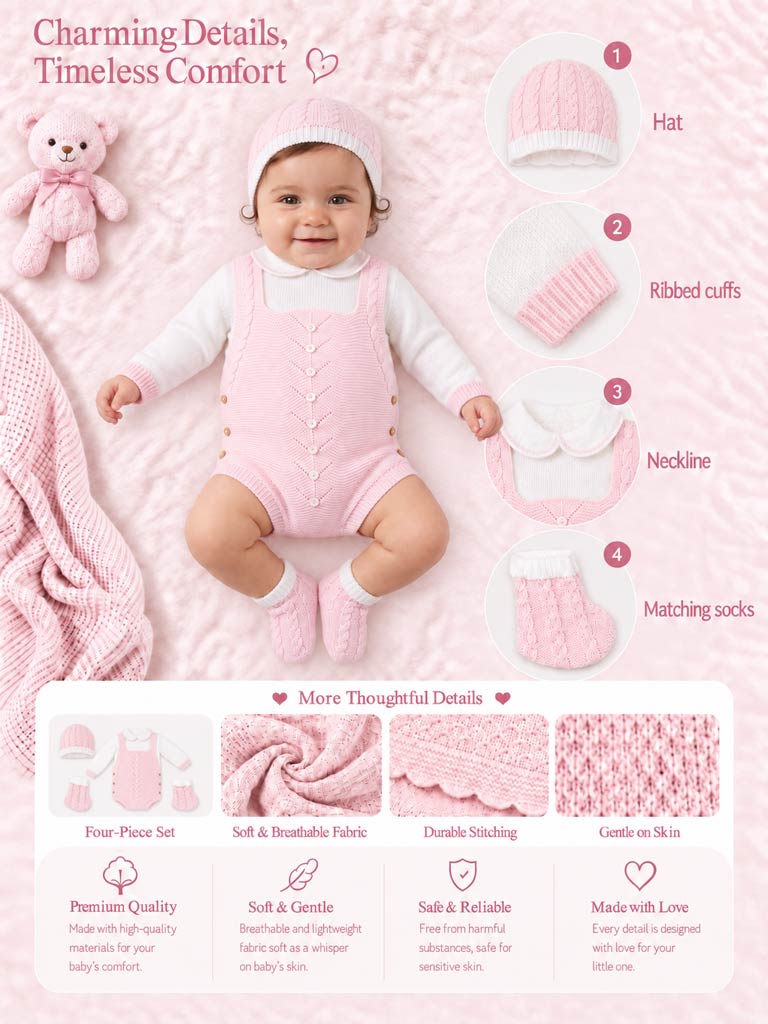 Baby Rafi Collection 4-piece Spanish Knitted Set - Baby Pink