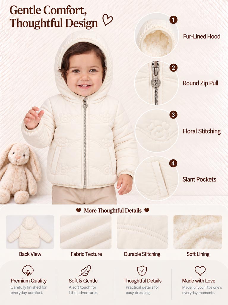 Baby Girl Padded Hooded Coat with Teddy Pattern - Ivory