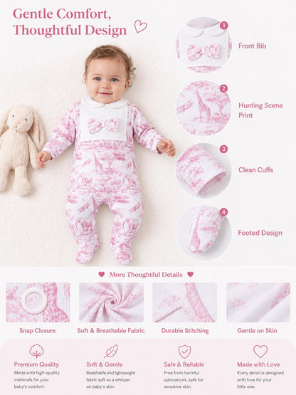 Velour Baby Grow with Bow & Peter Pan Collar - Safari Collection - Baby Pink