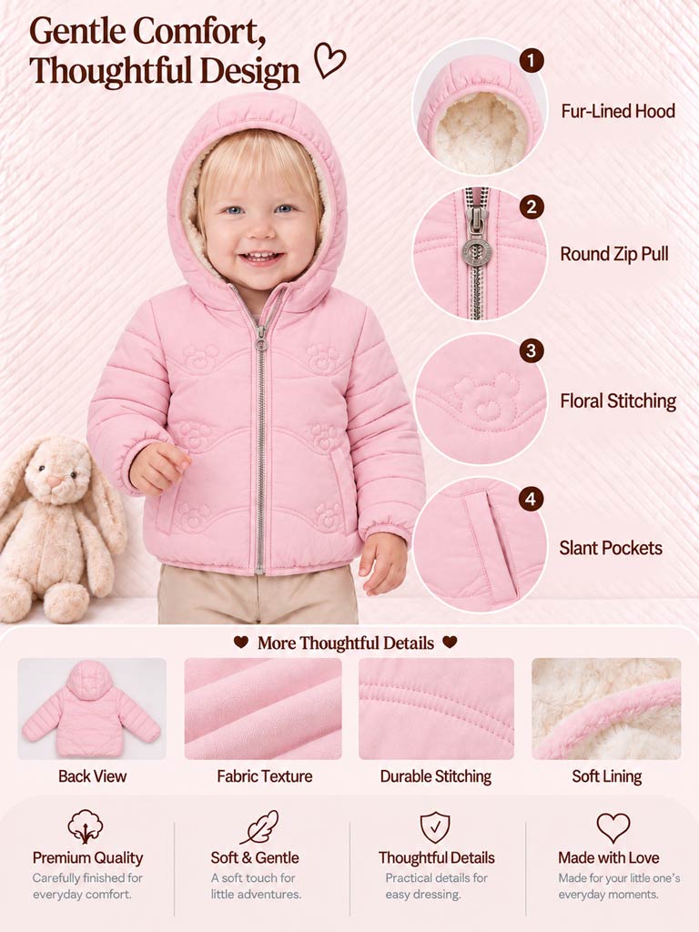 Baby Girl Padded Hooded Coat with Teddy Pattern - Baby Pink