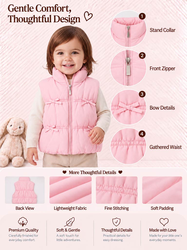 Baby Girl Padded Gilet - Bow Detail Vest - Coral