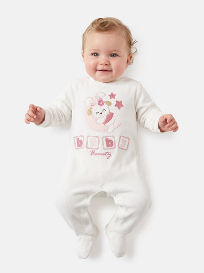 Velour Baby Grow for Girls with Bunny & Moon Oriana Collection - White