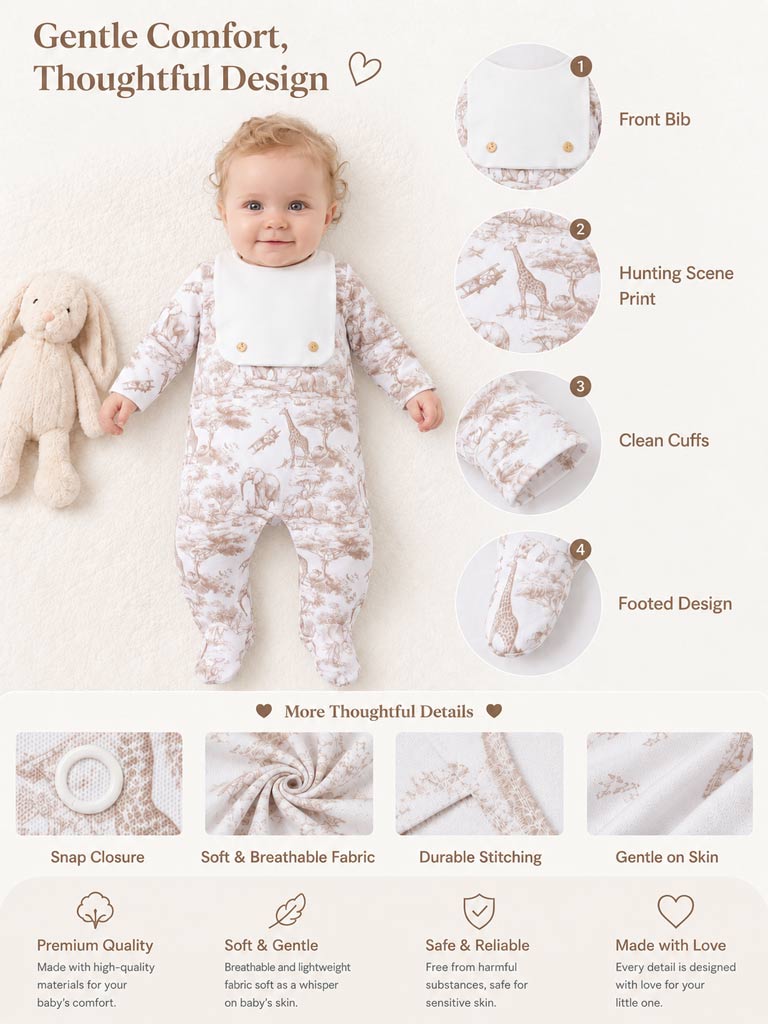 Velour Baby Grow with Attached Small Bib & Buttons - Safari Collection - Beige