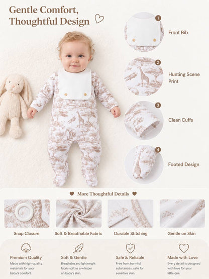 Velour Baby Grow with Attached Small Bib & Buttons - Safari Collection - Beige