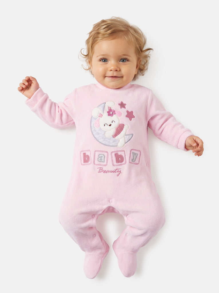 Velour Baby Grow for Girls with Bunny & Moon Oriana Collection - Baby Pink