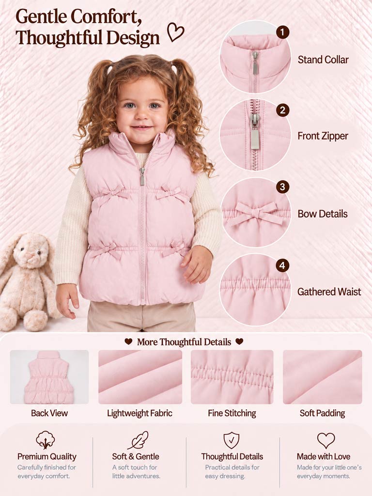 Baby Girl Puffer Gilet - Bow Design Vest - Baby Pink