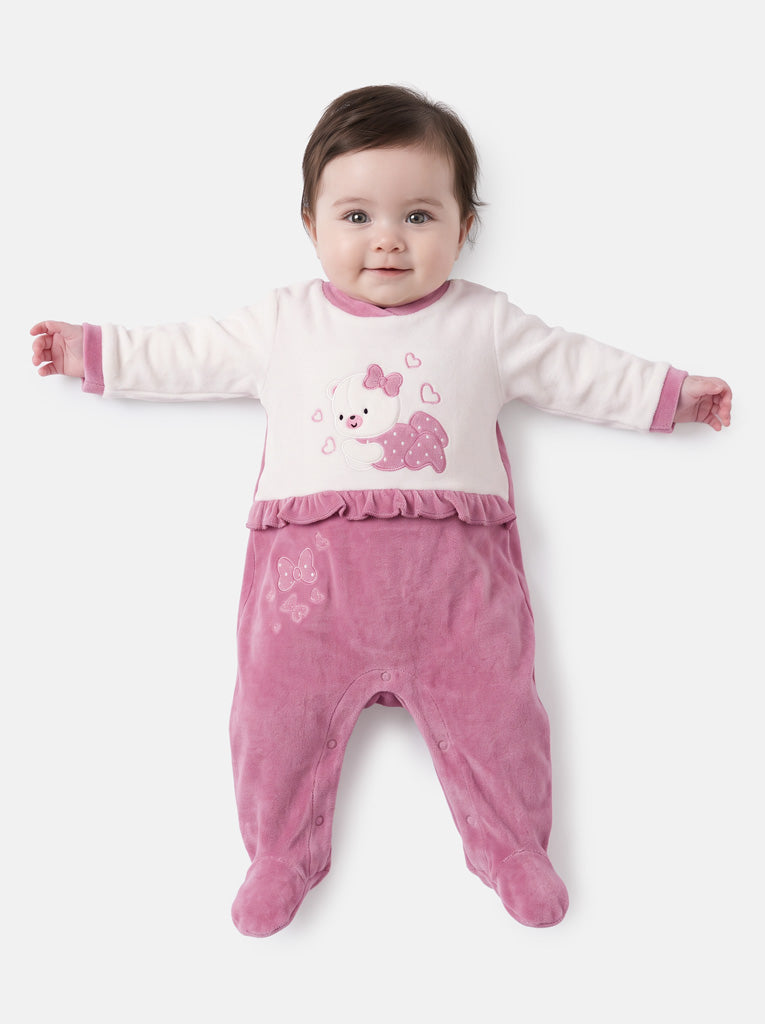 Velour Baby Grow for Girls with Teddy & Heart Clarissa Collection - Dusty Pink