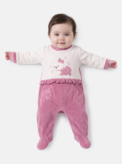 Velour Baby Grow for Girls with Teddy & Heart Clarissa Collection - Dusty Pink