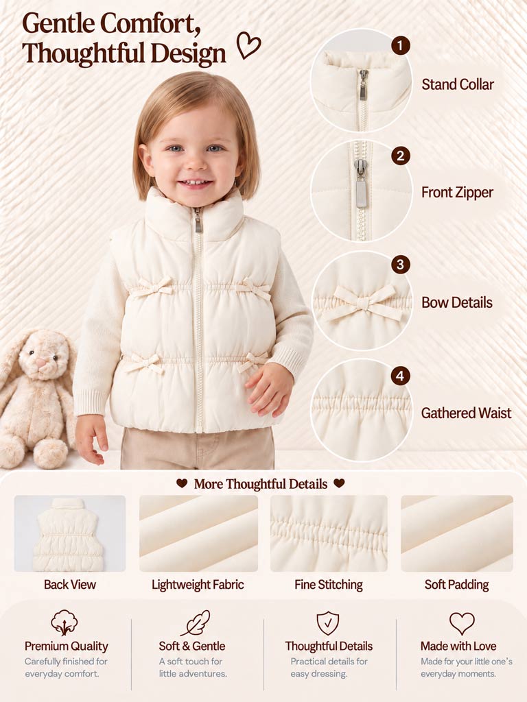 Baby Girl Padded Gilet - Bow Detail Vest - Light Ivory