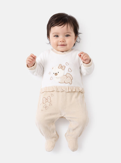 Velour Baby Grow for Girls with Teddy & Heart Clarissa Collection - Beige