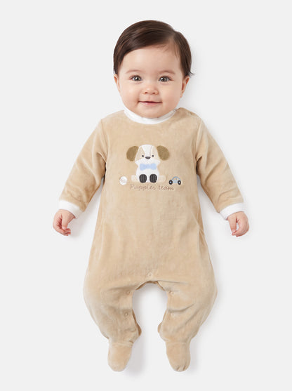 Velour Baby Grow for Boys with Puppy Design Rocco Collection - Beige