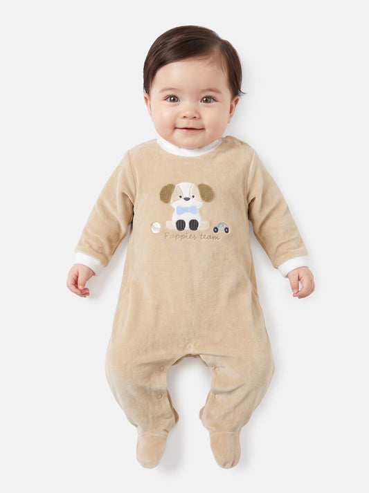 Velour Baby Grow for Boys with Puppy Design Rocco Collection - Beige