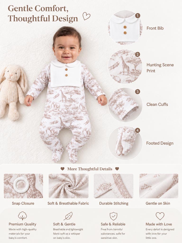 Velour Baby Grow with Vertical Buttons - Safari Collection - Beige