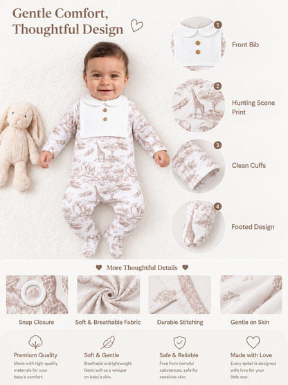 Velour Baby Grow with Vertical Buttons - Safari Collection - Beige