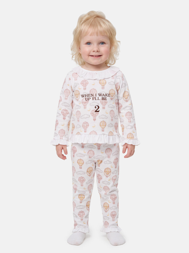 "When I Wake Up" Embroidered Girl 2-Piece Pyjama Set - Hot Air Balloon Collection - Beige