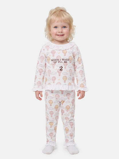"When I Wake Up" Embroidered Girl 2-Piece Pyjama Set - Hot Air Balloon Collection - Beige
