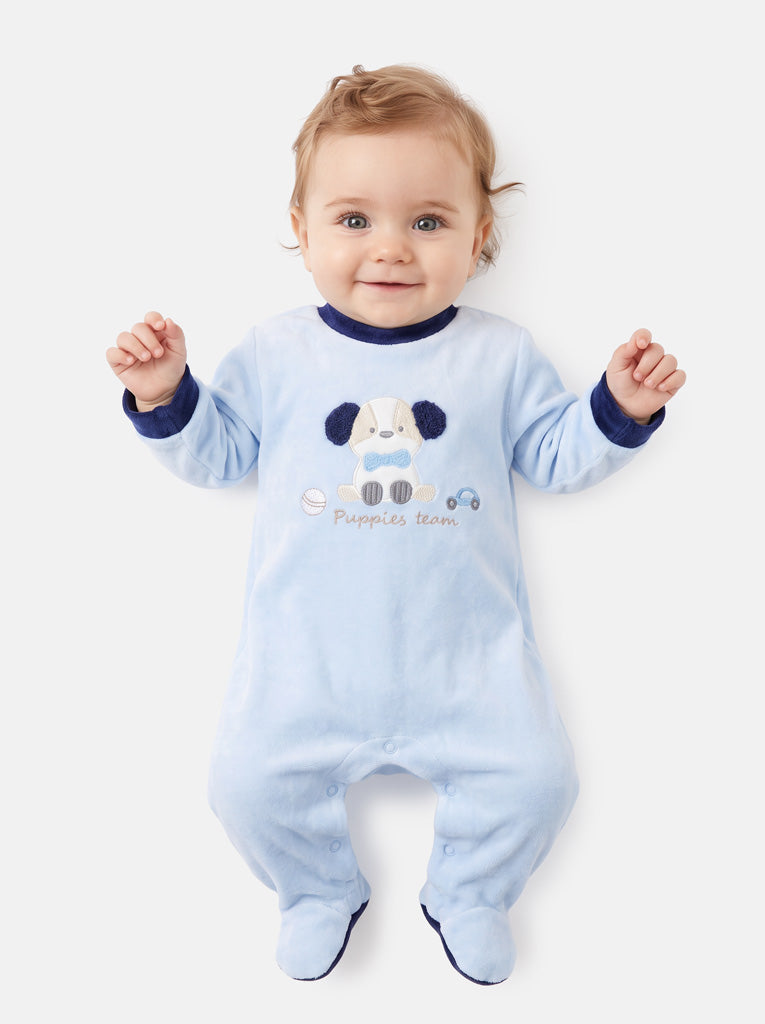 Velour Baby Grow for Boys with Puppy Design Rocco Collection - Baby Blue