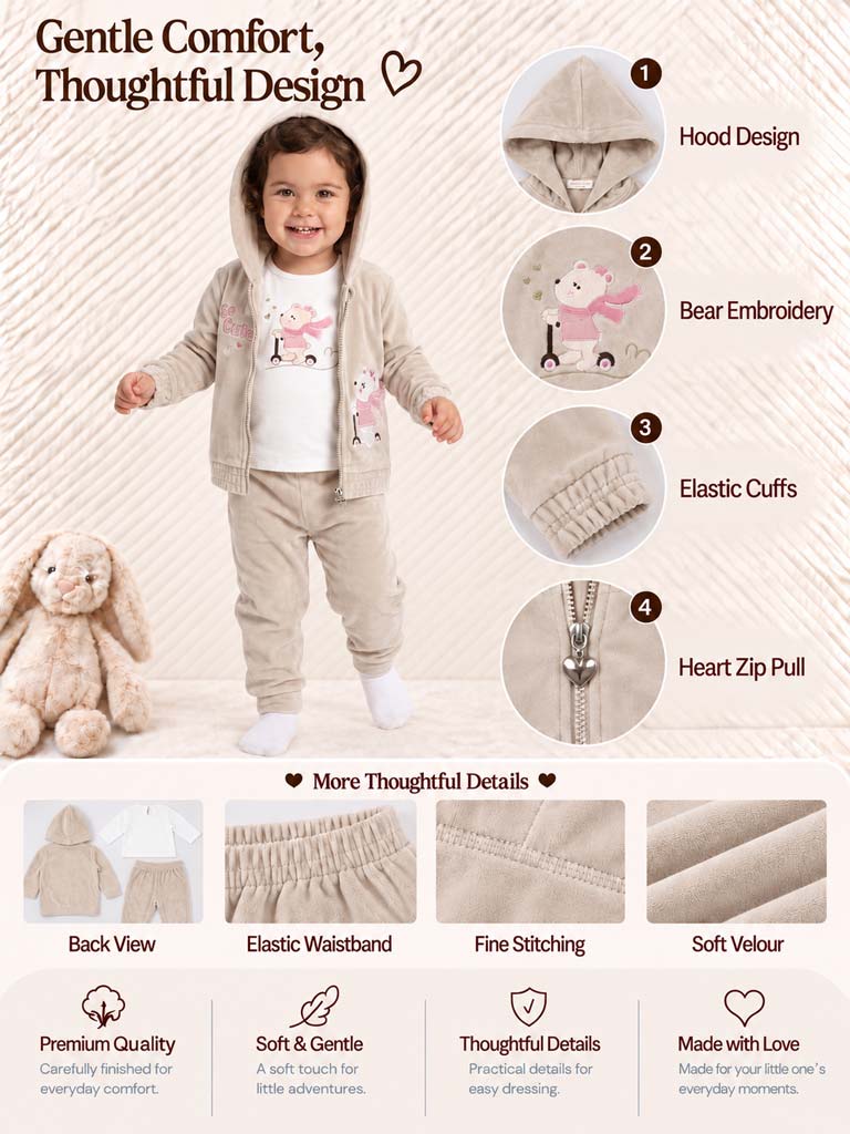 Baby Girl Noemi Collection 3-Piece Tracksuit Set with Scooter Rider - Cream
