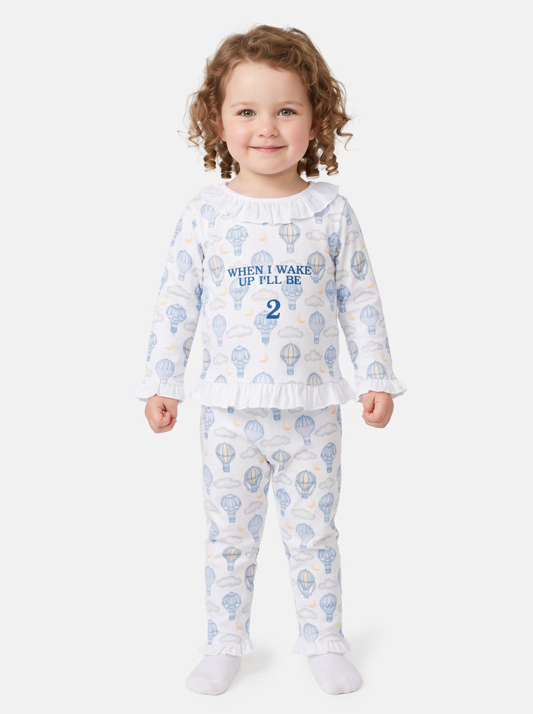 "When I Wake Up" Embroidered Girl 2-Piece Pyjama Set - Hot Air Balloon Collection - Baby Blue