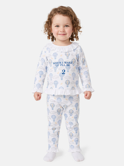 "When I Wake Up" Embroidered Girl 2-Piece Pyjama Set - Hot Air Balloon Collection - Baby Blue