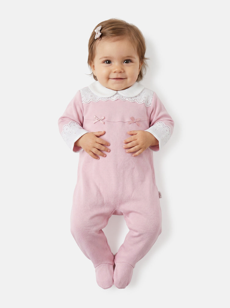 Baby Grow for Girls Eyelet Lace & Peter Pan Collar - Dusty Pink