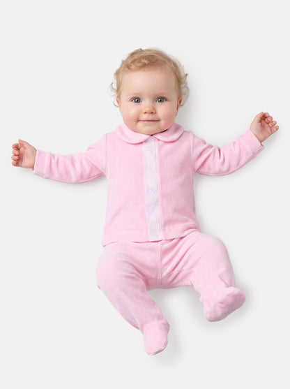 Baby Girl 2-piece Velour Pyjama Set with Lace Insert - Baby Pink