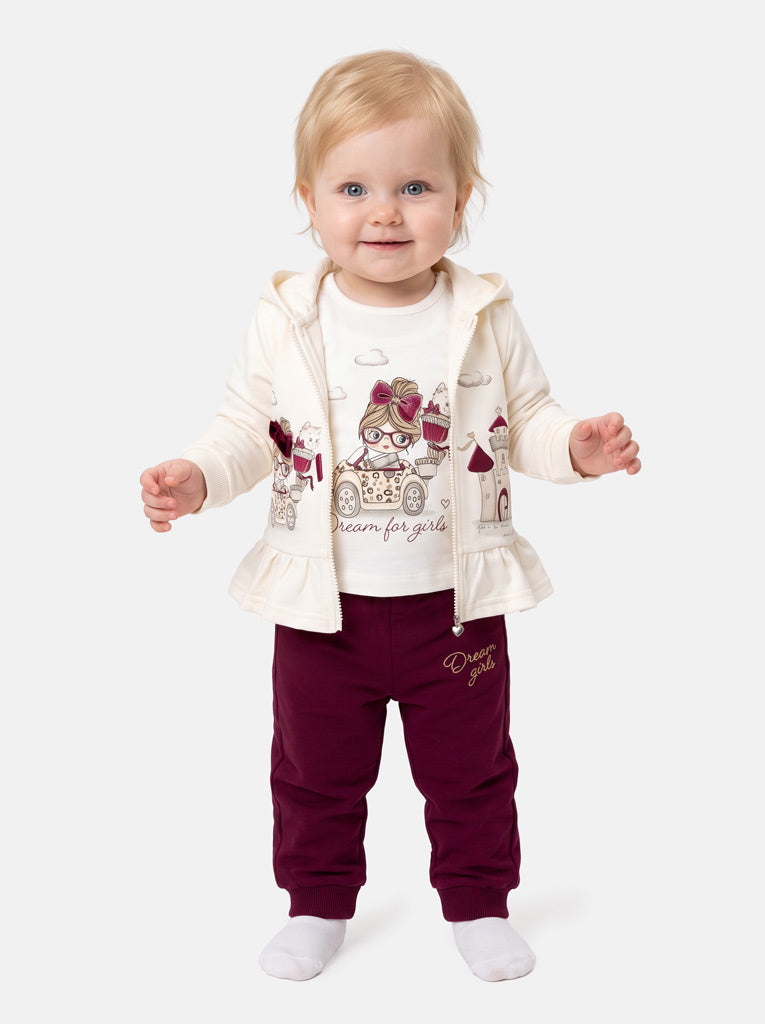 Baby Girl Luce Collection 3-Piece Hooded Tracksuit Set with Castle Design - Cherry Red