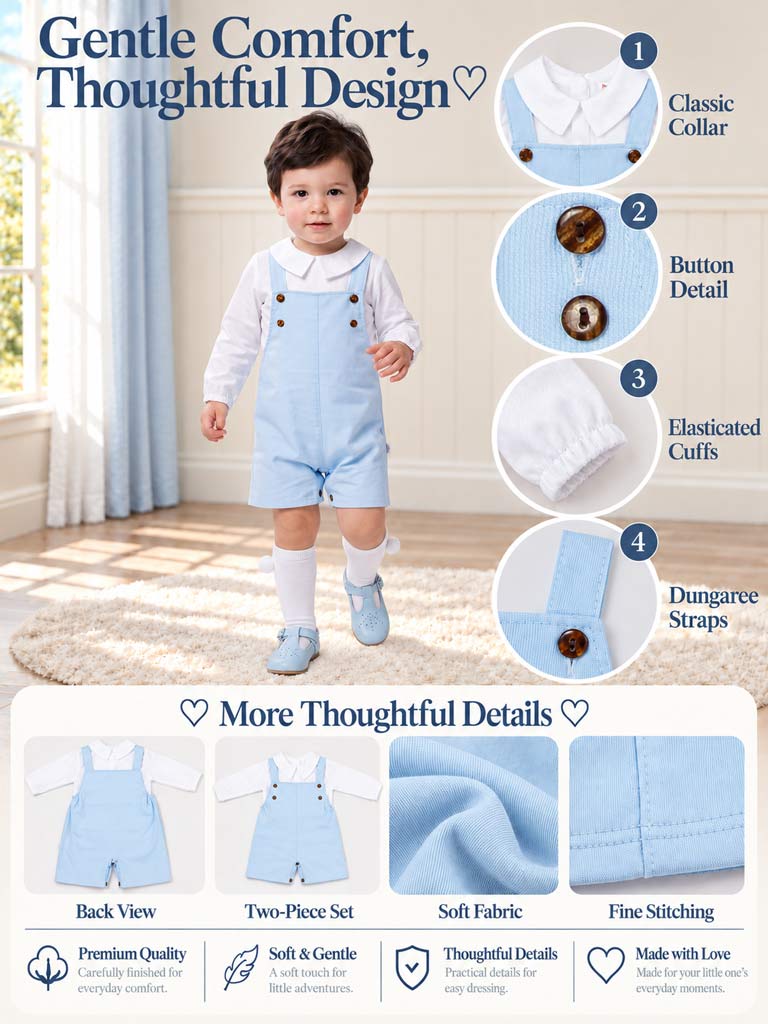 Baby Boy Alejandro Collection Two-Piece Shirt and Short Dungaree Set - Baby Blue