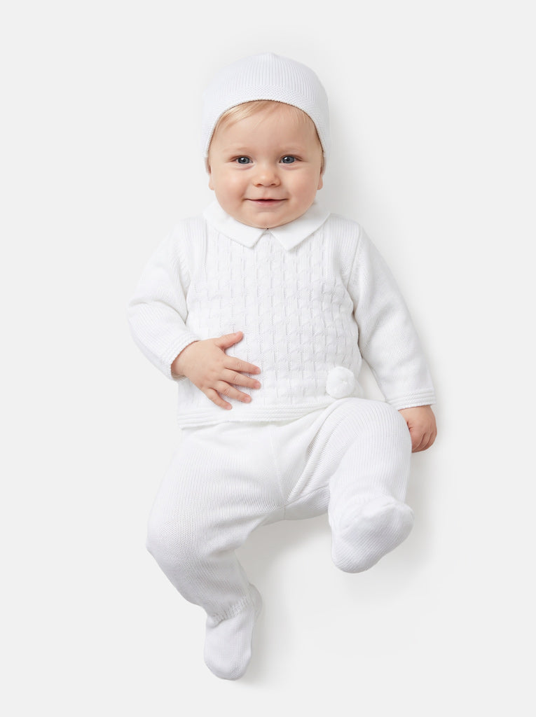 Baby Boy Traditional Pom Pom 3-piece Knitted Gift Box Set - Ivory